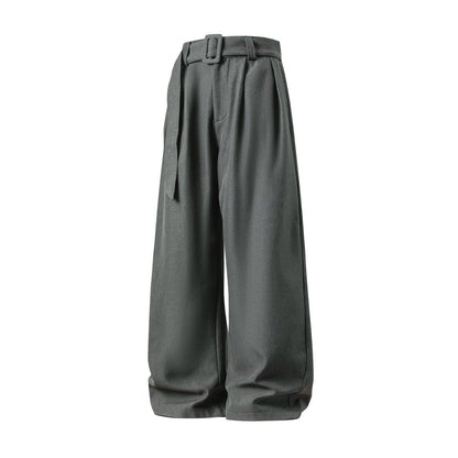 Men's Pleated Drape Curved-Leg Trousers Loose-Fit Straight-Leg Pants Retro-Style Belted Casual Pants