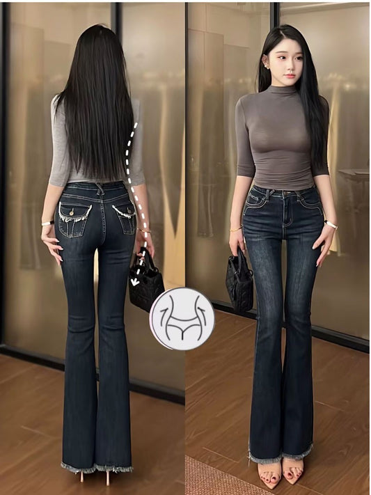 High Waist Flared Jeans Women's Double Buckle Elastic Floor-Length Pants Black Slim Fit Stretchy Trousers Self-Fabric Pad