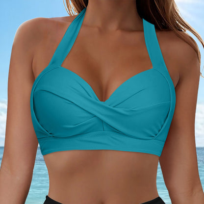 Halter Neck Push Up Bikinis Tops Women 2025 New Chest Padded Solid Swimwears Bikinis Top For Women Summer Beach Bathing Suit