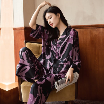 Premium Women's Ice Silk Pajama Set Lightweight Long Sleeve Loungewear Fashionable Silk Design Luxurious Comfort for Homewear