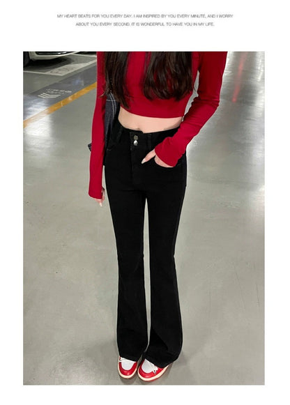 High Waist Fce Lined Thiened Autumn Winter American Bla ey Micro Flared Jeans Women Slimming Legging  Hoof Pants