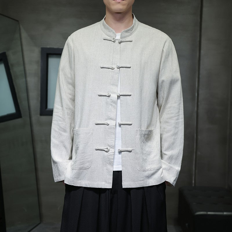 Chinese-style Men's Black Long-sleeve Shirt, Cotton-linen Blend Stand-up Collar Shirts, Available in Burgundy, Beige, and Gray.