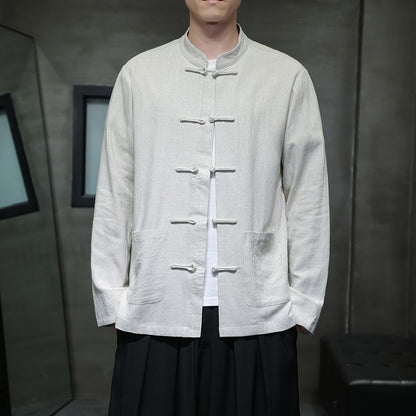 Chinese-style Men's Black Long-sleeve Shirt, Cotton-linen Blend Stand-up Collar Shirts, Available in Burgundy, Beige, and Gray.