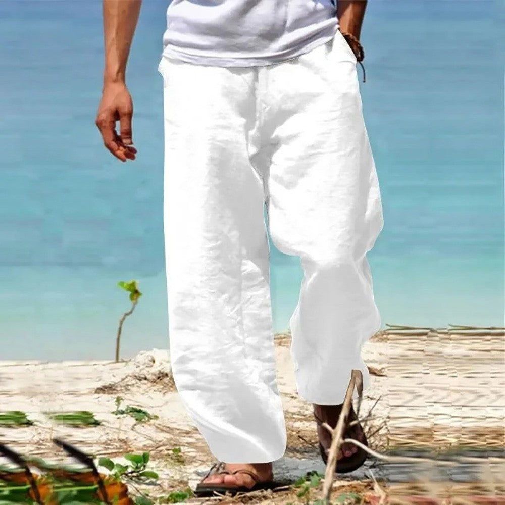 Calças Masculinas de Linho e Algodão Perna Reta Respiráveis Leves Estilo Praia Confortáveis Calças Casuais Primavera Verão