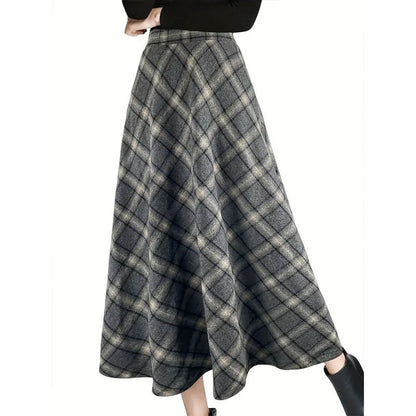 Fairyshely Casual Plaid Print Woolen Long Skirt Women 2025 Summer Ruffle High Waist Midi Skirt Lady Elegant A line Pleated Skirt