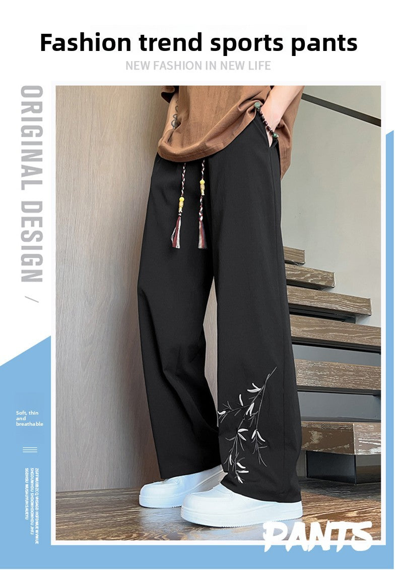 Novas Calças de Seda Gelo Chinesas Masculinas Verão Fina Solta Perna Larga Marca de Moda Seda Gelo Estilo Chinês Calças Casuais Bordadas Frescas