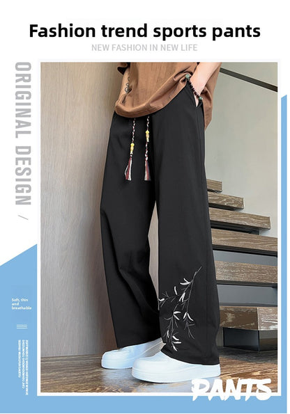 Novas Calças de Seda Gelo Chinesas Masculinas Verão Fina Solta Perna Larga Marca de Moda Seda Gelo Estilo Chinês Calças Casuais Bordadas Frescas