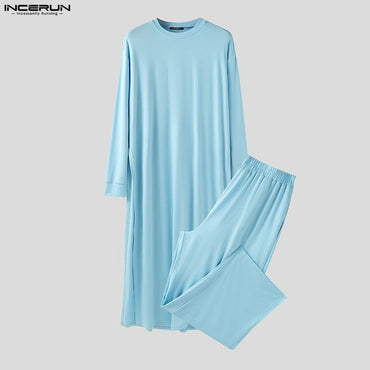 INCERUN Men Sets Solid Color Long Sleeve Long Style T Shirt & Pants Two Pieces Sets Loose Streetwear Fashion Casual Men Suits