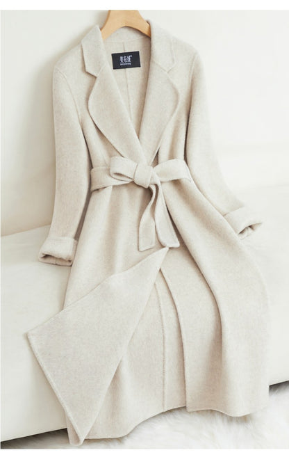 Grey Double-sided Cashmere Coat For women Slim For Autumn Winter New Winter High-end Temperament Thick Woolen Coats With belt