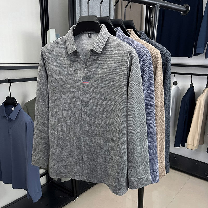 High end brand men's long sleeve V-neck polo shirt autumn fashion new striped embroidery design boutique golf top casual T-shirt