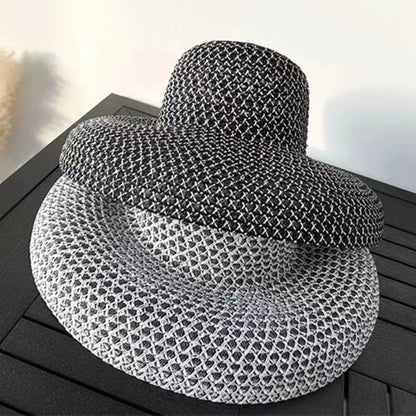 Chapéu de sol de palha de aba larga, chapéu de sol de malha de abajur de seda brilhante de verão, chapéu coco estilo Hepburn francês, chapéu de sol para praia ao ar livre