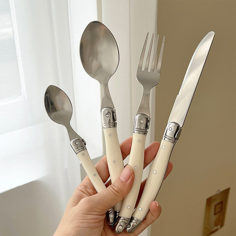 Conjunto 6 Peças Talheres Laguiole Branco Prata Facas Garfos Colheres Bife Conjunto Polimento Espelhado Coleção Inox Talheres Natal Colher de Chá