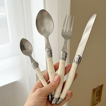 Conjunto 6 Peças Talheres Laguiole Branco Prata Facas Garfos Colheres Bife Conjunto Polimento Espelhado Coleção Inox Talheres Natal Colher de Chá