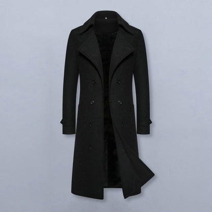 Men Overcoat Double-breasted Slim Fit Mid Length Long Sleeve Thick Windproof Warm Soft Cardigan Buttons Lapel Men Long Coat