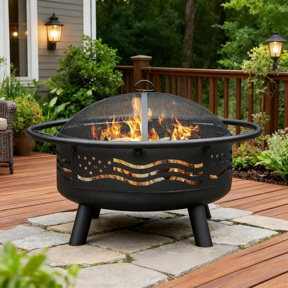 American Flag Fire Pit with Mesh Cover & Poker, Round Metal Wood Burning Outdoor Firepit for Patio, Garden, Backy