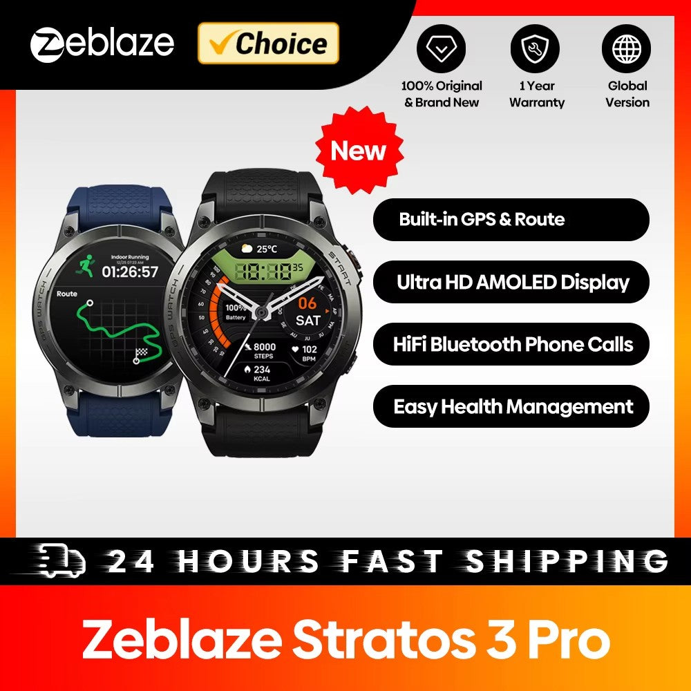Zeblaze Stratos 3 PRO GPS Smart Watch 1.43" AMOLED Display Bluetooth Phone Calls Health Monitor Smartwatch Sports Route Display