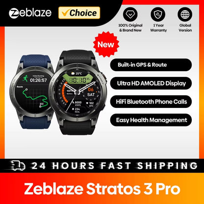 Zeblaze Stratos 3 PRO GPS Smart Watch 1.43" AMOLED Display Bluetooth Phone Calls Health Monitor Smartwatch Sports Route Display