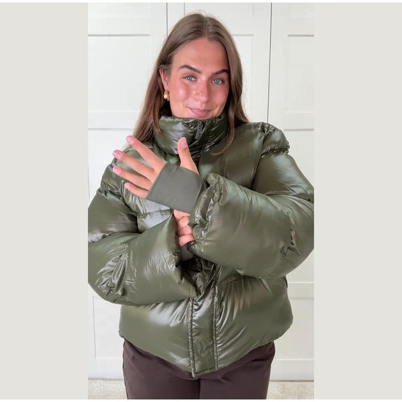 Fashion Glossy Padded Jacket Women's Solid Turtleneck Long Sleeve Warm Down Coat 2025 Autumn Winter New Lady Casual Outerwear