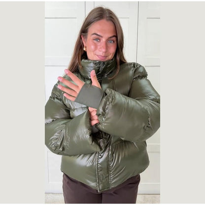 Fashion Glossy Padded Jacket Women's Solid Turtleneck Long Sleeve Warm Down Coat 2025 Autumn Winter New Lady Casual Outerwear