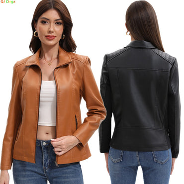 2025 Women’s Stylish Brown Faux Leather Jacket - Slim Fit, Trendy Moto Style with Zipper Detail PU Coat.