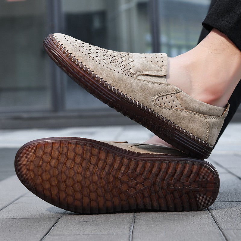 New 2024 Handmade Leather Men Shoes Design Fashion Sneakers Slip On Loafers Summer Mesh Breathable Casual Shoes Men Driving Flat