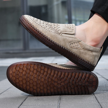 New 2024 Handmade Leather Men Shoes Design Fashion Sneakers Slip On Loafers Summer Mesh Breathable Casual Shoes Men Driving Flat