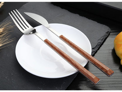 Conjunto de Talheres de Aço Inoxidável com Cabo de Madeira Falsa 16 Peças, Prendedor de Louça, Talheres Ocidentais, Faca Garfo Colher de Chá, Prateados