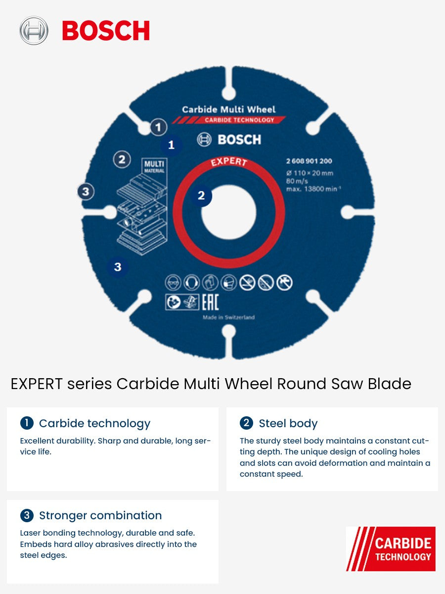 Disco de Corte Multimaterial Bosch Expert 110mm de Carbide para Madeira, Plástico, Drywall, Madeiras Duras - Acessórios para Esmerilhadeira Angular