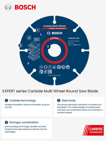 Disco de Corte Multimaterial Bosch Expert 110mm de Carbide para Madeira, Plástico, Drywall, Madeiras Duras - Acessórios para Esmerilhadeira Angular