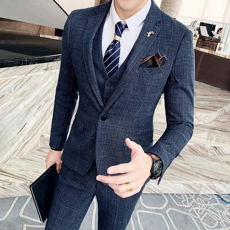 Men's High-quality Plus Size 5XL-M 3-piece Suit (suit+vest+pants) Business Fashion Plaid Suit Groom's Wedding Banquet Set