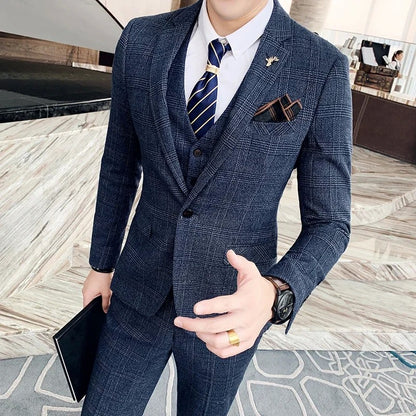 Men's High-quality Plus Size 5XL-M 3-piece Suit (suit+vest+pants) Business Fashion Plaid Suit Groom's Wedding Banquet Set