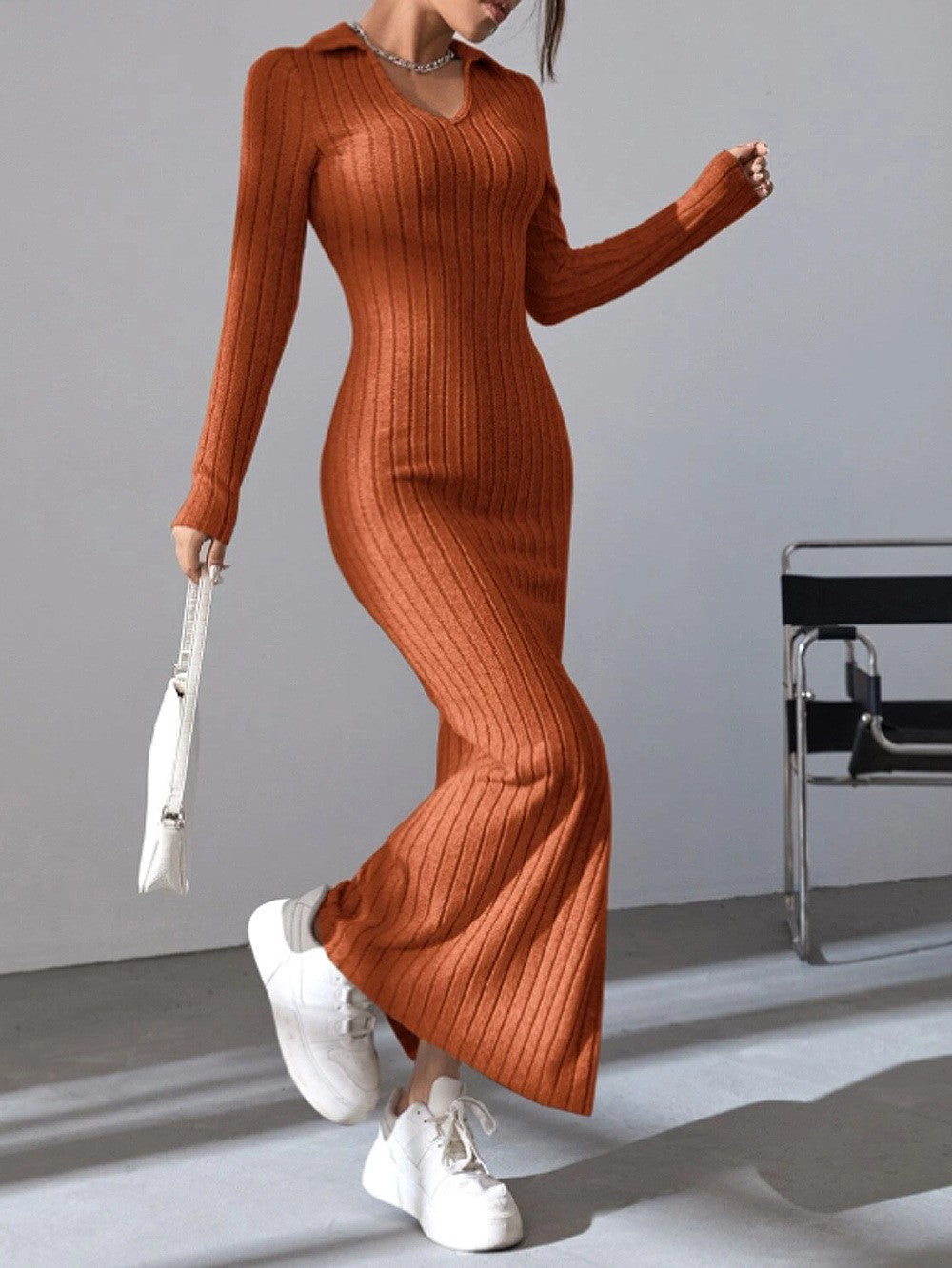 Spring and summer 2024 new style knitted slim lapel long sleeve dress pit strip solid color tight skirt