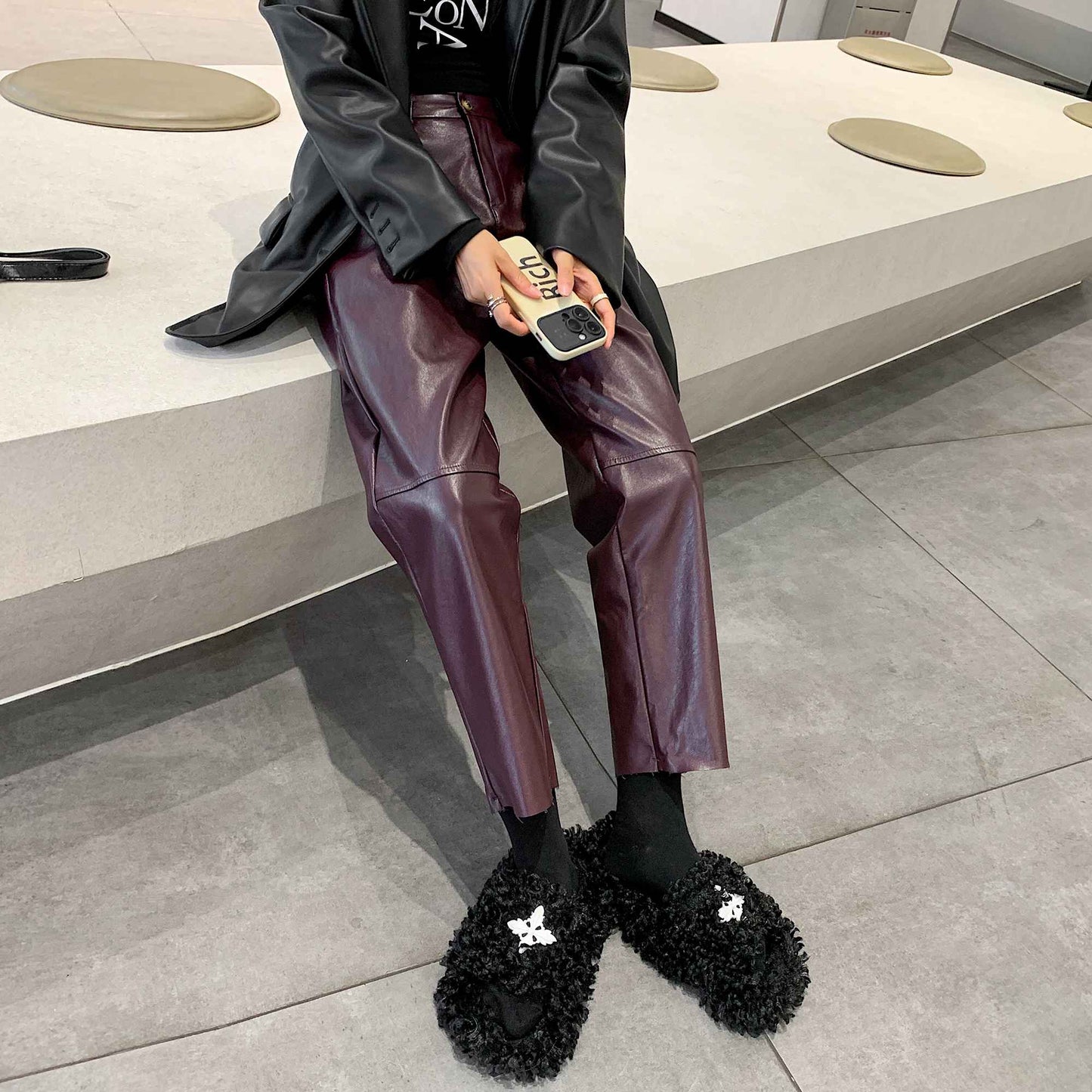 Autumn Winter PU Leather Vintage Women's Ankle Length Pants 2024 New High Waist Zipper Black Straight Pants Female Pockets