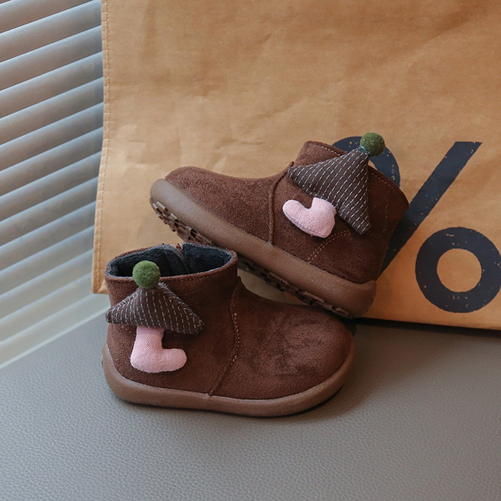 Christmas Children's Snow Boots PU Leather Vintage Girl's Plush Boots Anti-slippery Kid's Warm Padded Boots Cotton Shoes