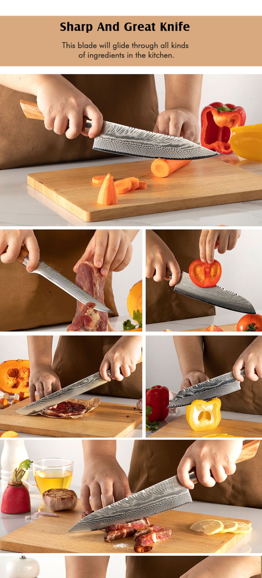 Conjunto de facas de cozinha para chef Damasco 67-LAY, faca japonesa Santoku Nakiri, faca utilitária, faca para desossar, faca de cozinha com cabo de madeira de oliveira HD