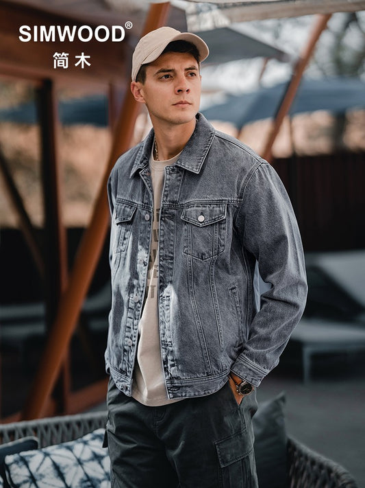 SIMWOOD 2025 Autumn New Oversize Denim Jackets Men 12oz Washed Classical Denim Coats