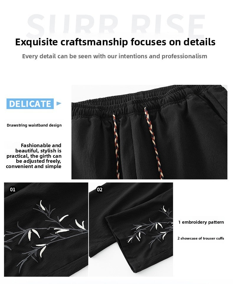 Novas Calças de Seda Gelo Chinesas Masculinas Verão Fina Solta Perna Larga Marca de Moda Seda Gelo Estilo Chinês Calças Casuais Bordadas Frescas