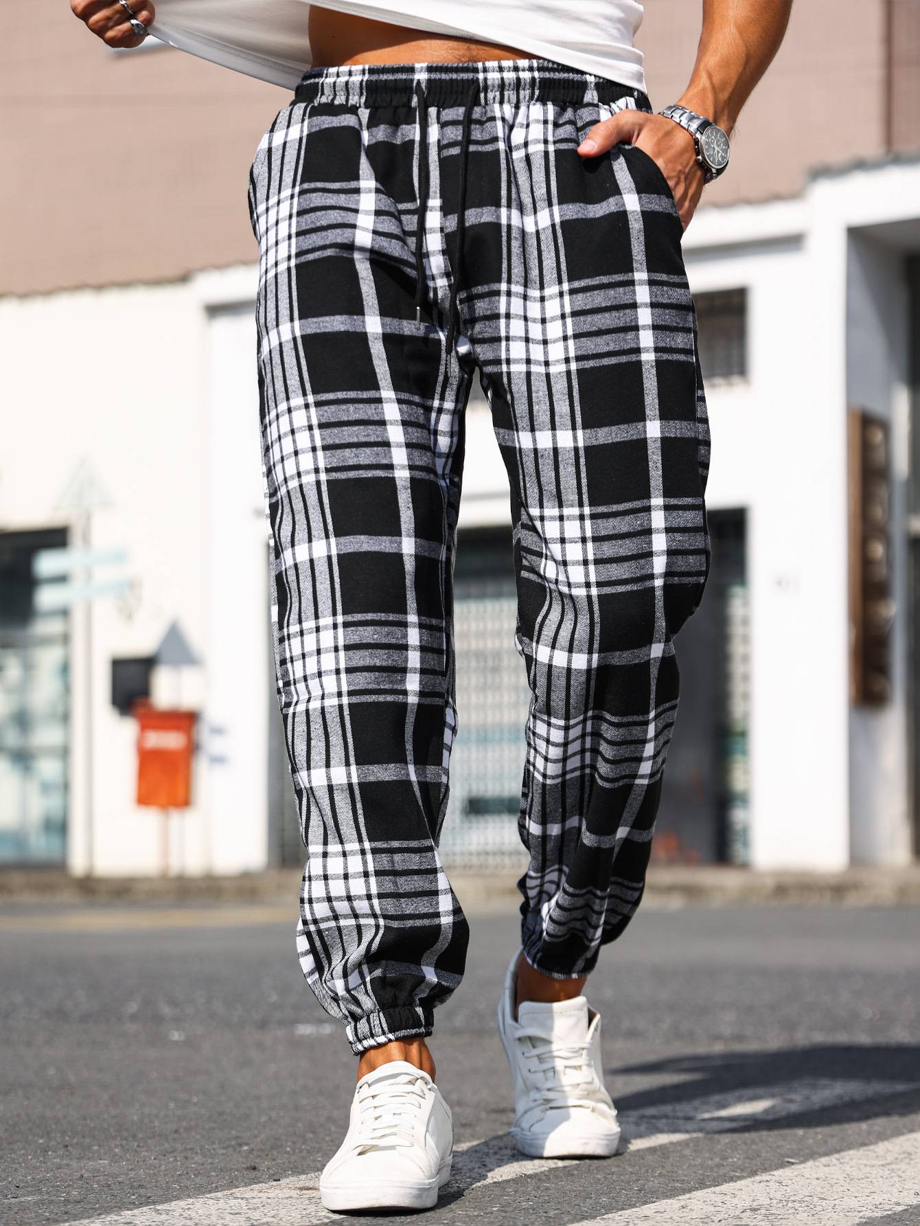 Calças Masculinas Xadrez com Punho Calças de Pijama Confortáveis para Estilo Relaxado