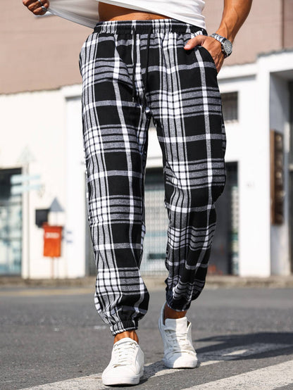 Calças Masculinas Xadrez com Punho Calças de Pijama Confortáveis para Estilo Relaxado