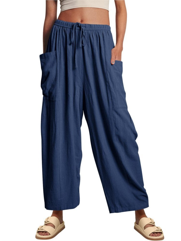 Women's Stretched-waist Pleated High-waisted Wide-leg Trousers Spring Autumn Fashion Cotton Linen Pocket Casual Trousers Woman