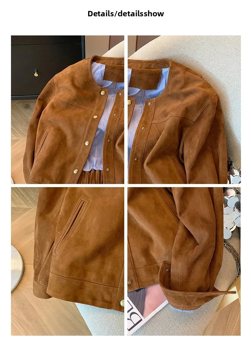 Retro Brown Suede Short Jacket Women's Spring Autumn Casual Loose Design Sense Meral Jacket Top round Neck Full Sleeve