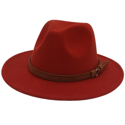 Classic Brown Belt Women Fedora Hats Autumn Winter Gentleman Jazz Felt Hat For Men Retro Church Lady Flat Wide Brim Dress Hat