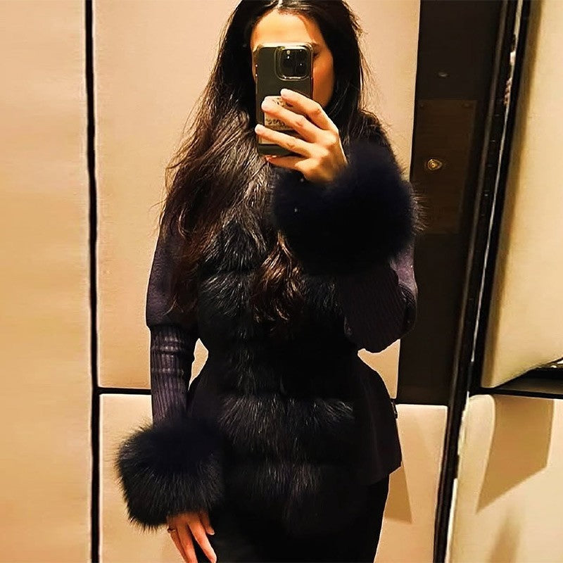 Elegant Knitted Faux Fur Patchwork Women's Coat Thicken Lady Coats 2025 Autumn Winter Chic Female Street Warm Outerwears