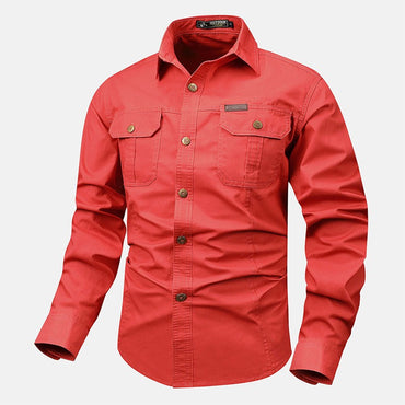 Retro Cargo style Men's Long Sleeve Shirt With Pocket Design, Men'sCasual Button Up Shirt For Spring Fall Qutdoo