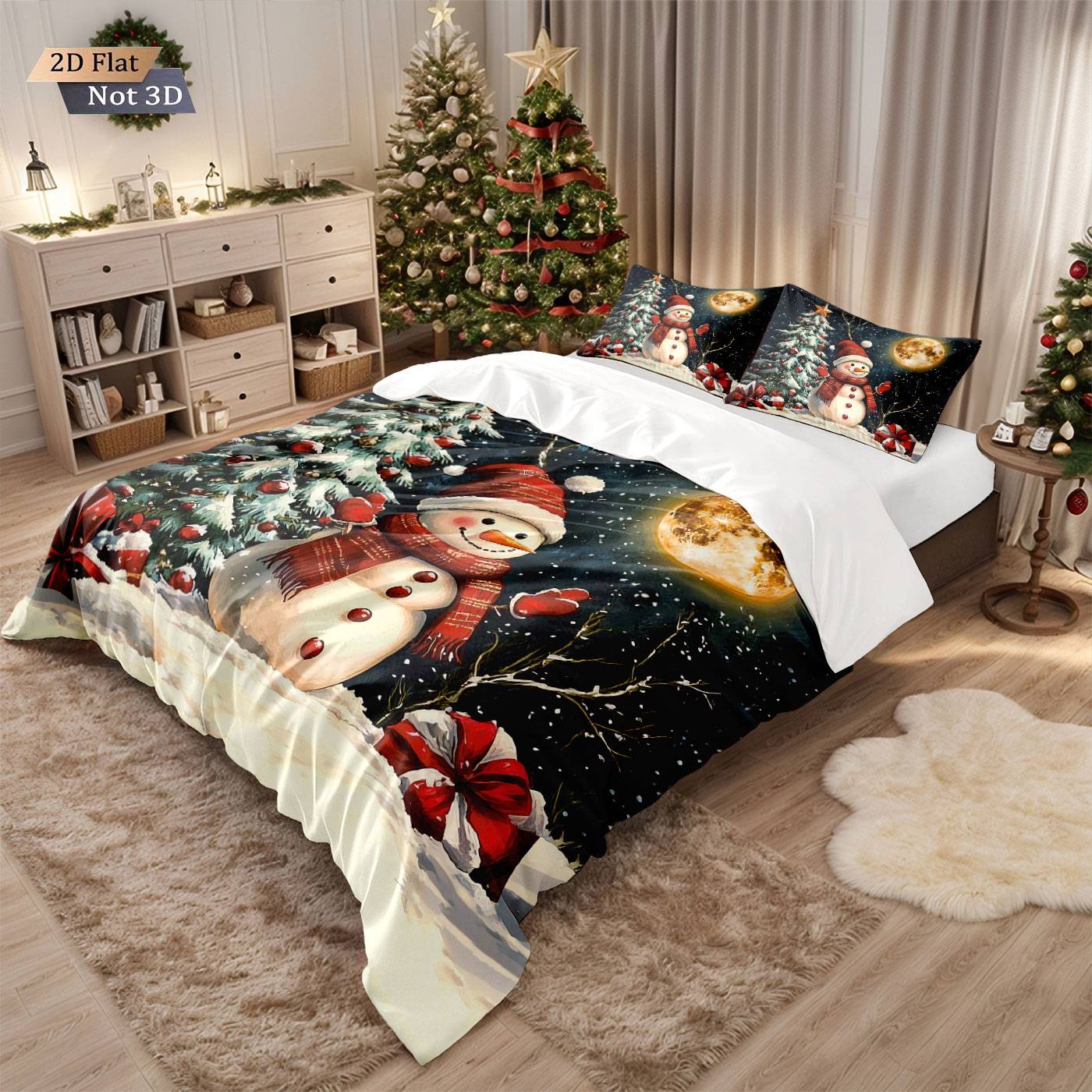 3pcs Christmas snowman reindeer red print coreless duvet set multi size bedroom bedding holiday decoration soft machine washable
