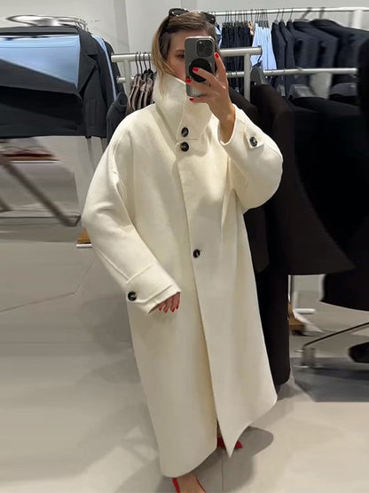 Elegant Stand Collar Long Coat Women Retro Chic Loose Single Breasted White Tweed Coats Lady 2025 Winter Casual Street Overcoats