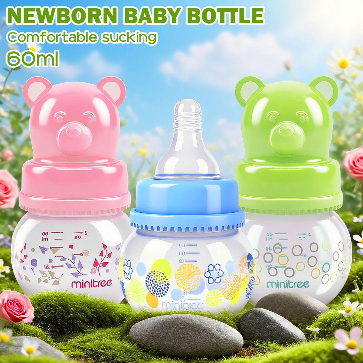 0-6 months 60ML newborn standard caliber PP bottle, flat unique bear shape bottle cap, good looking and practical
