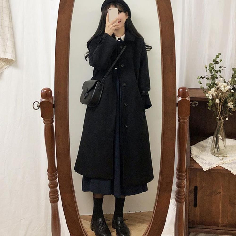 Japanese Style Women Woolen Coat Turn-down Collar Single-breasted Pockets Women Overcoat Front Placket Cardigan Thick Wool Coat