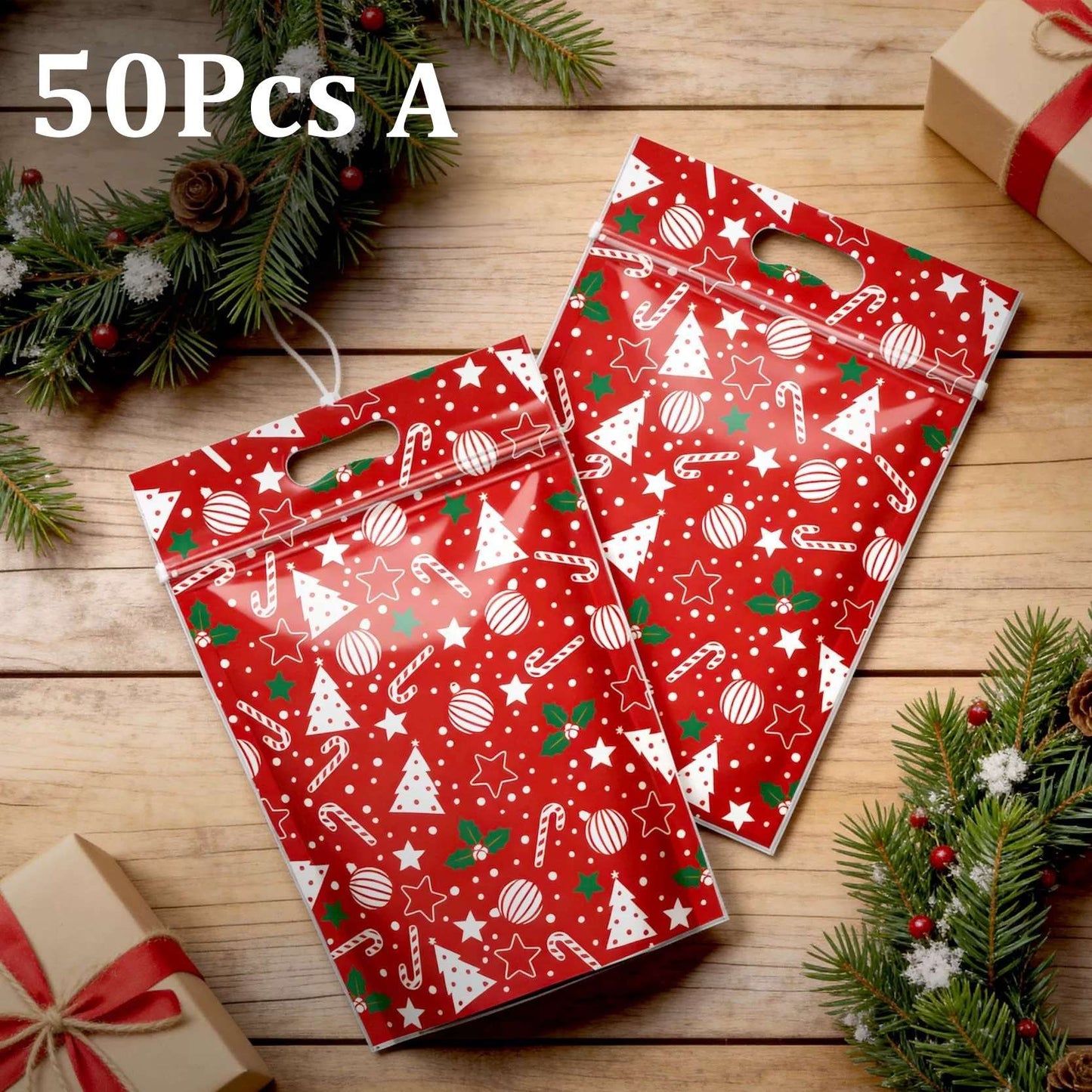 50Pcs Resealable Christmas Zip Lock Bags 50PCS Clear Christmas Plastic Sealing Bags with Handles for Xmas Holiday Party Candy