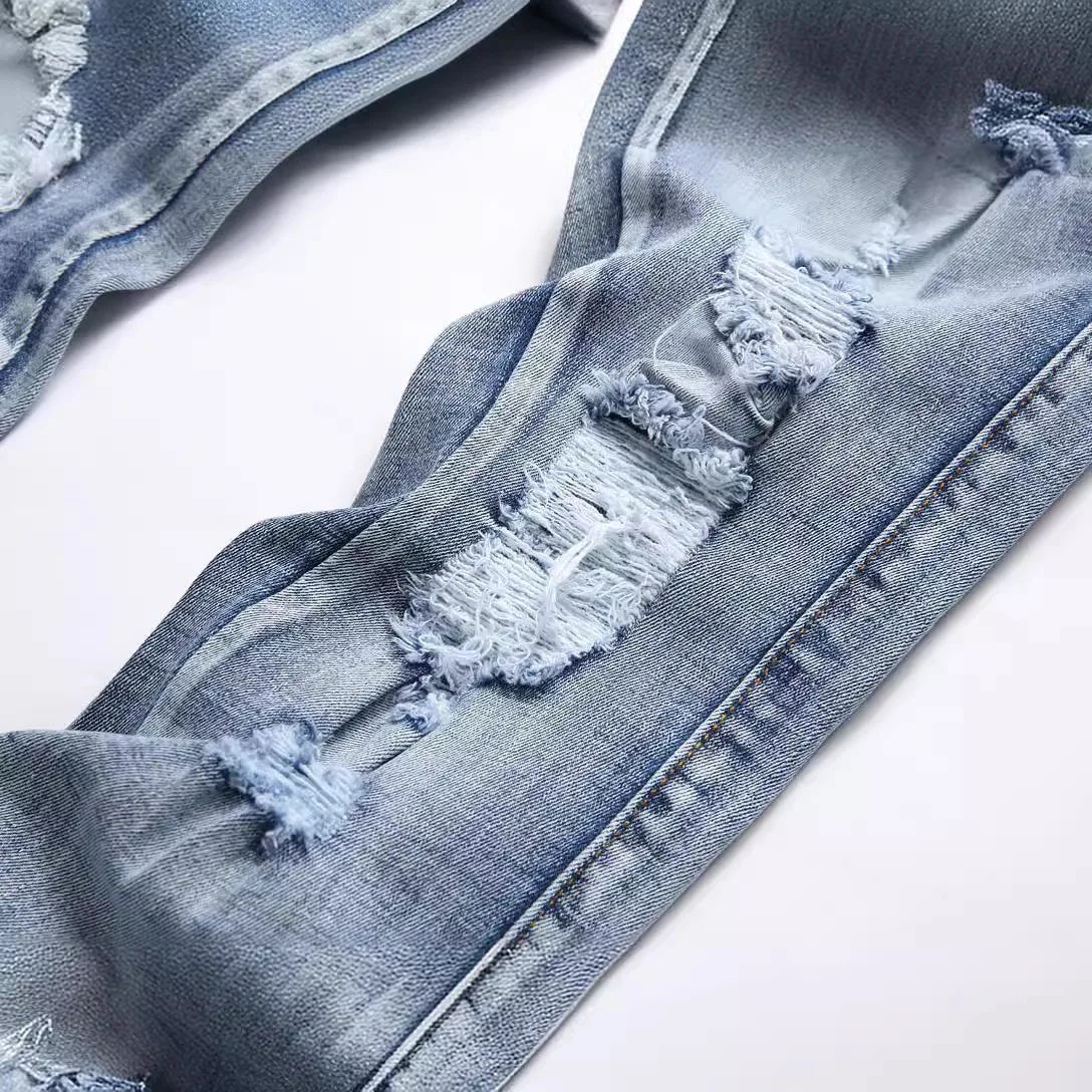 Blue Eyed Snake Embroidery Street Style Jeans For Teenagers Elastic Waist Cotton Material Casual Scene Suitable